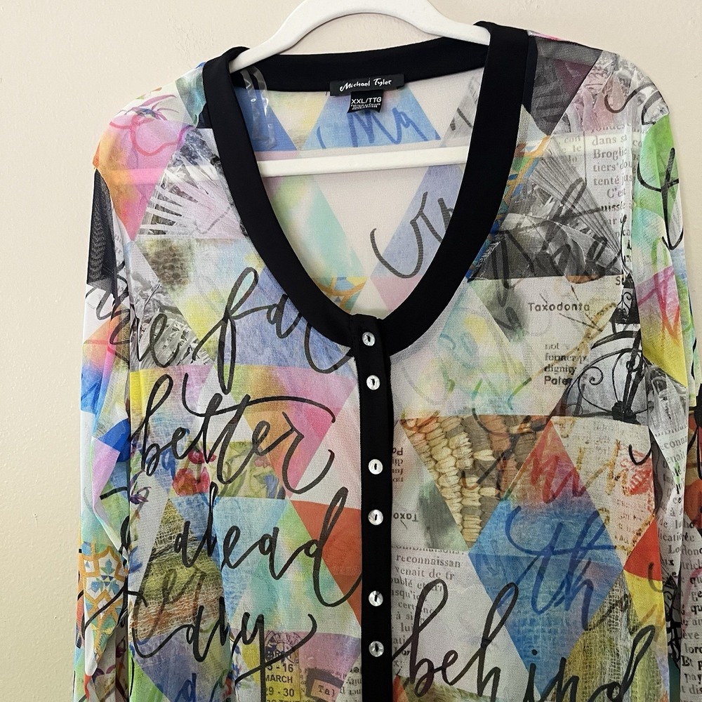 Women's Lagenlook Artsy Top Michael Tyler XXL Sheer Tunic See Through Colorful - Picture 3 of 8